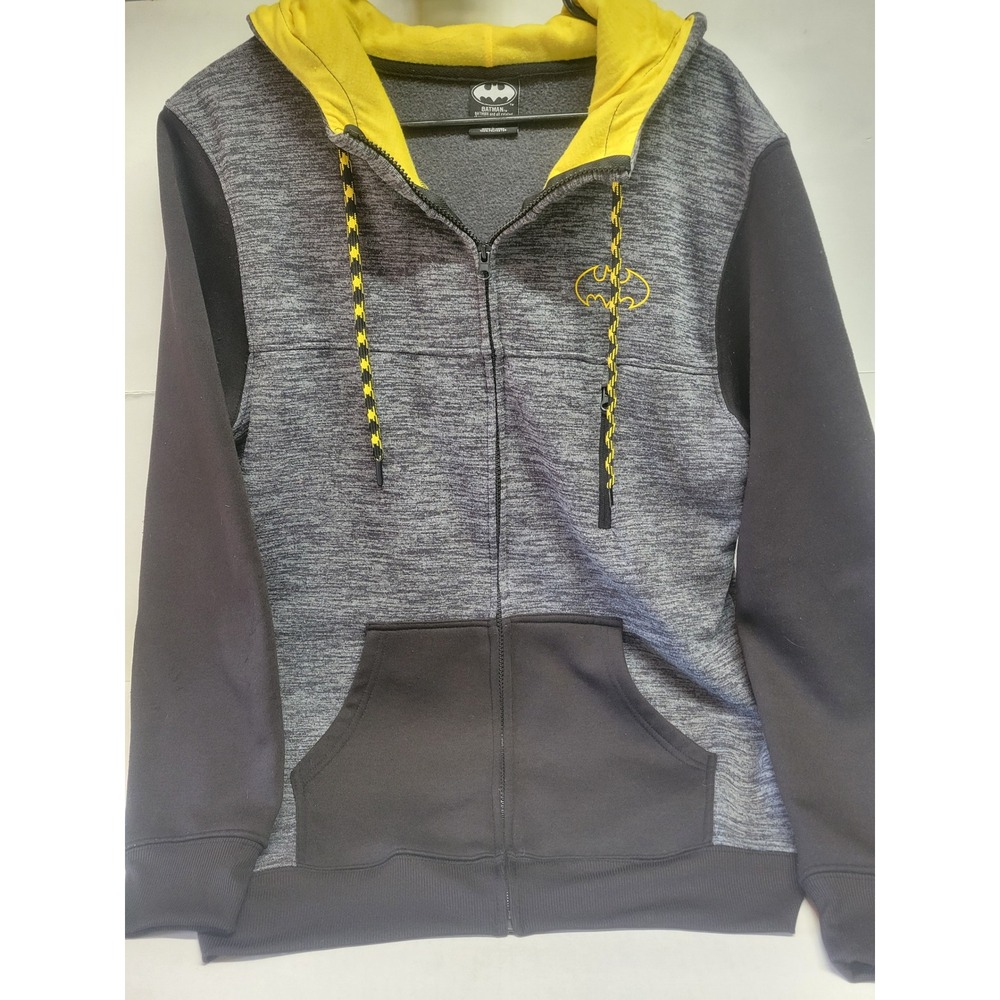 Batman Mens Full Zip Hoodie Grey Black Yellow Space Dye Logo Jacket Large L